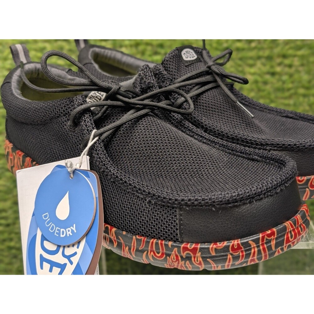 New Hey Dude Wally Work CE Flames Men's 10 Slip-On Black/Red Slip Resistant Knit